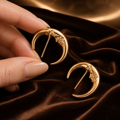 Moon Face Hoop Earrings - Brass - hand-held scale view - Tarashya Jewels