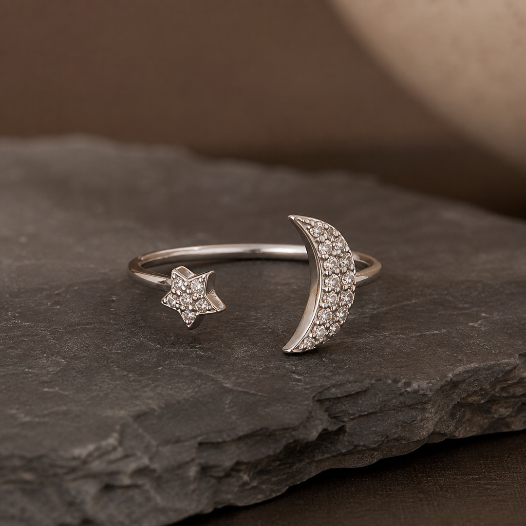 Star & Moon Adjustable Ring - 925 Sterling Silver - primary product image - Tarashya Jewels