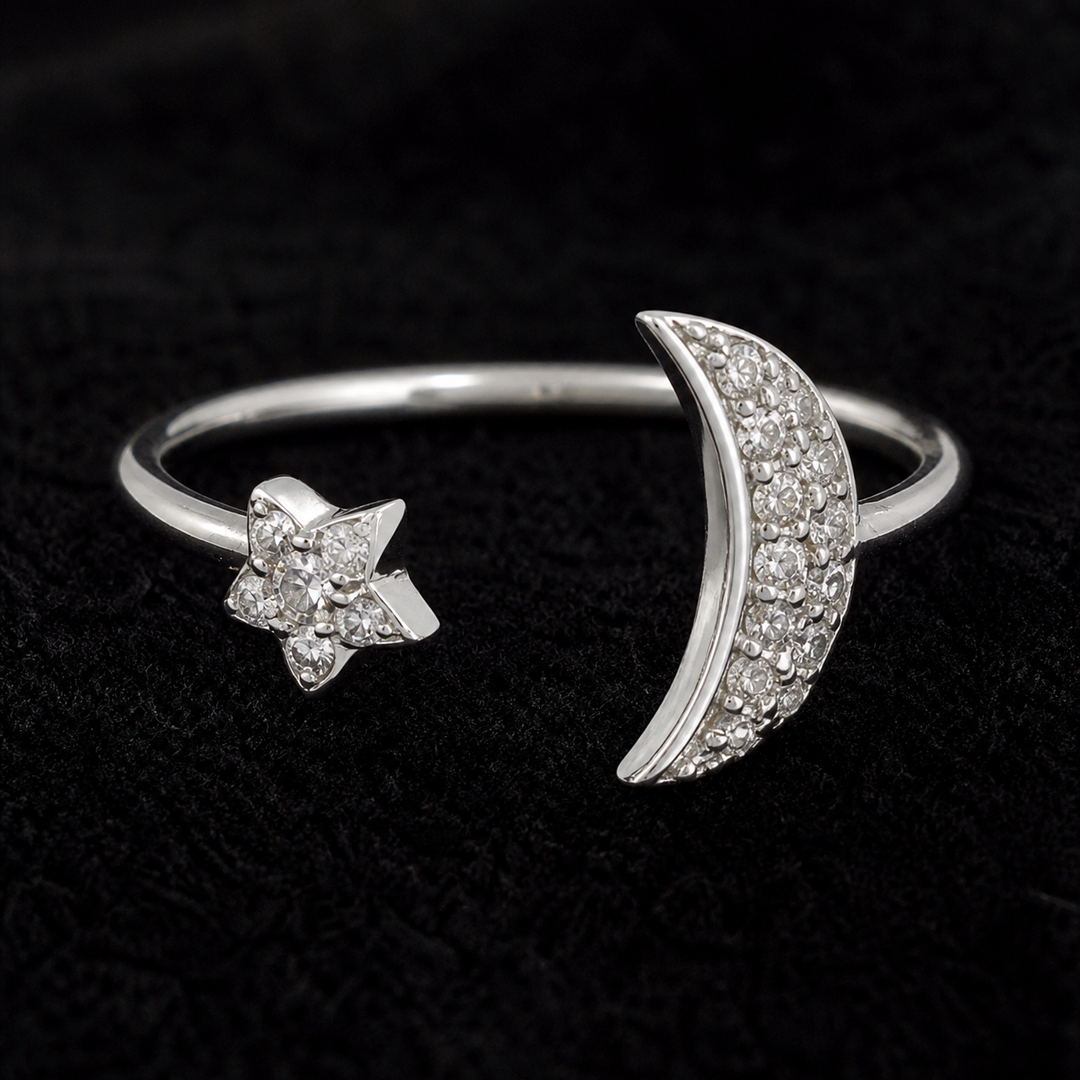 Star & Moon Adjustable Ring - 925 Sterling Silver - close-up detail - Tarashya Jewels