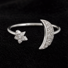 Star & Moon Adjustable Ring - 925 Sterling Silver - close-up detail - Tarashya Jewels