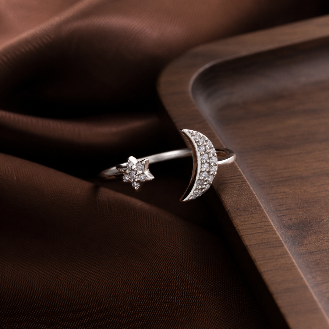 Star & Moon Adjustable Ring - 925 Sterling Silver - flat lay - Tarashya Jewels