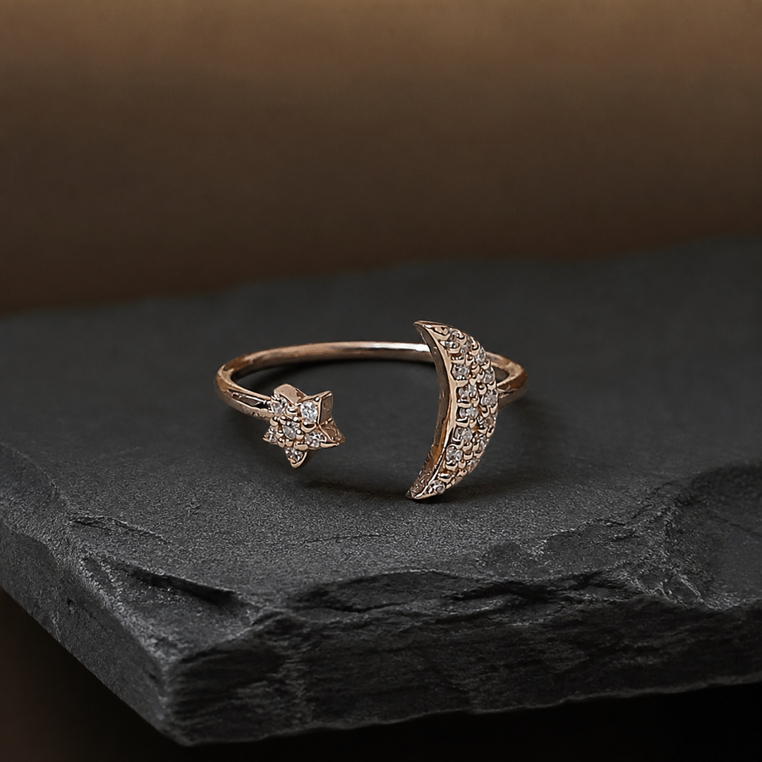 Star & Moon Adjustable Ring - 925 Sterling Silver - angled product view - Tarashya Jewels