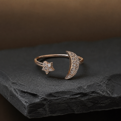 Star & Moon Adjustable Ring - 925 Sterling Silver - angled product view - Tarashya Jewels