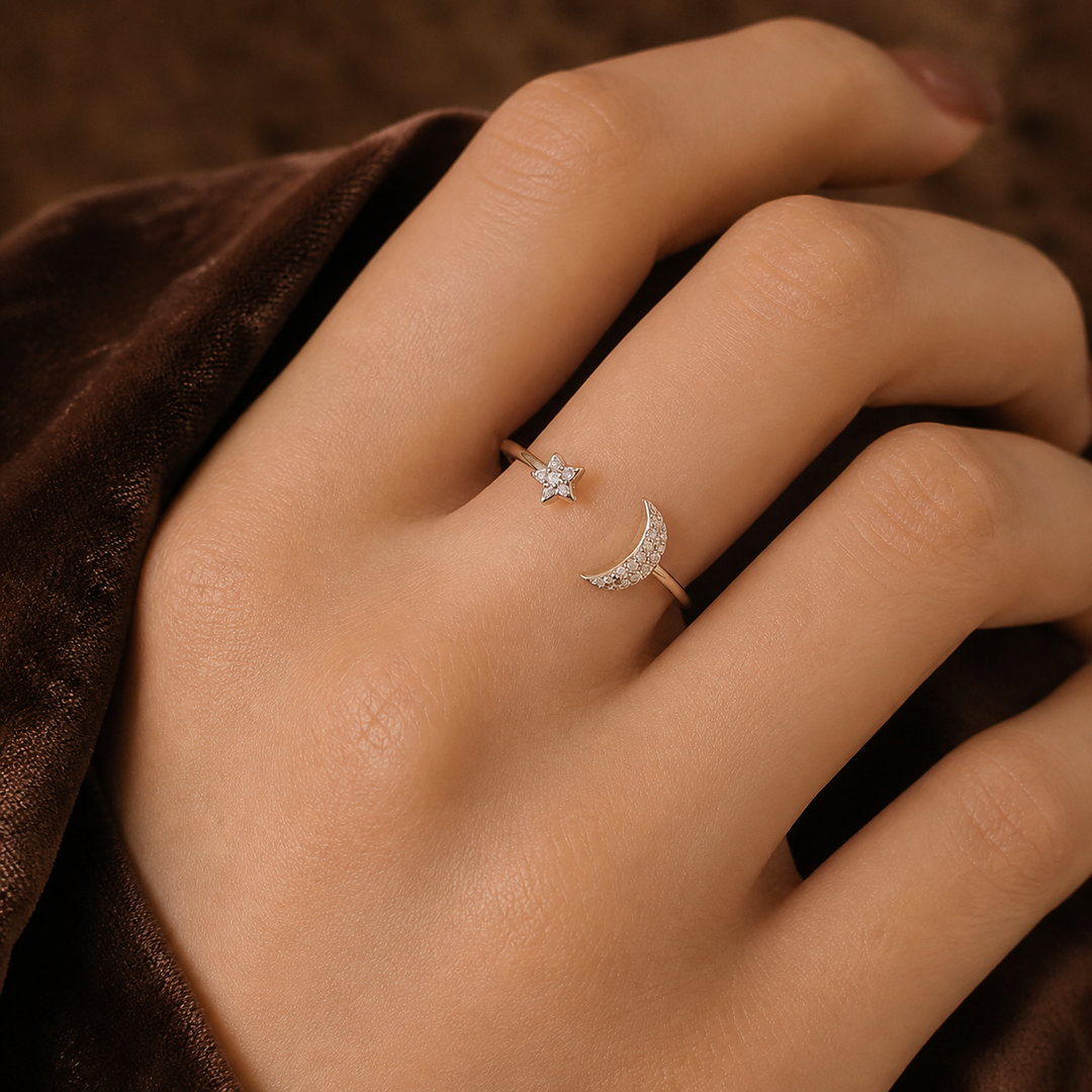 Star & Moon Adjustable Ring - 925 Sterling Silver - hand-held scale view - Tarashya Jewels
