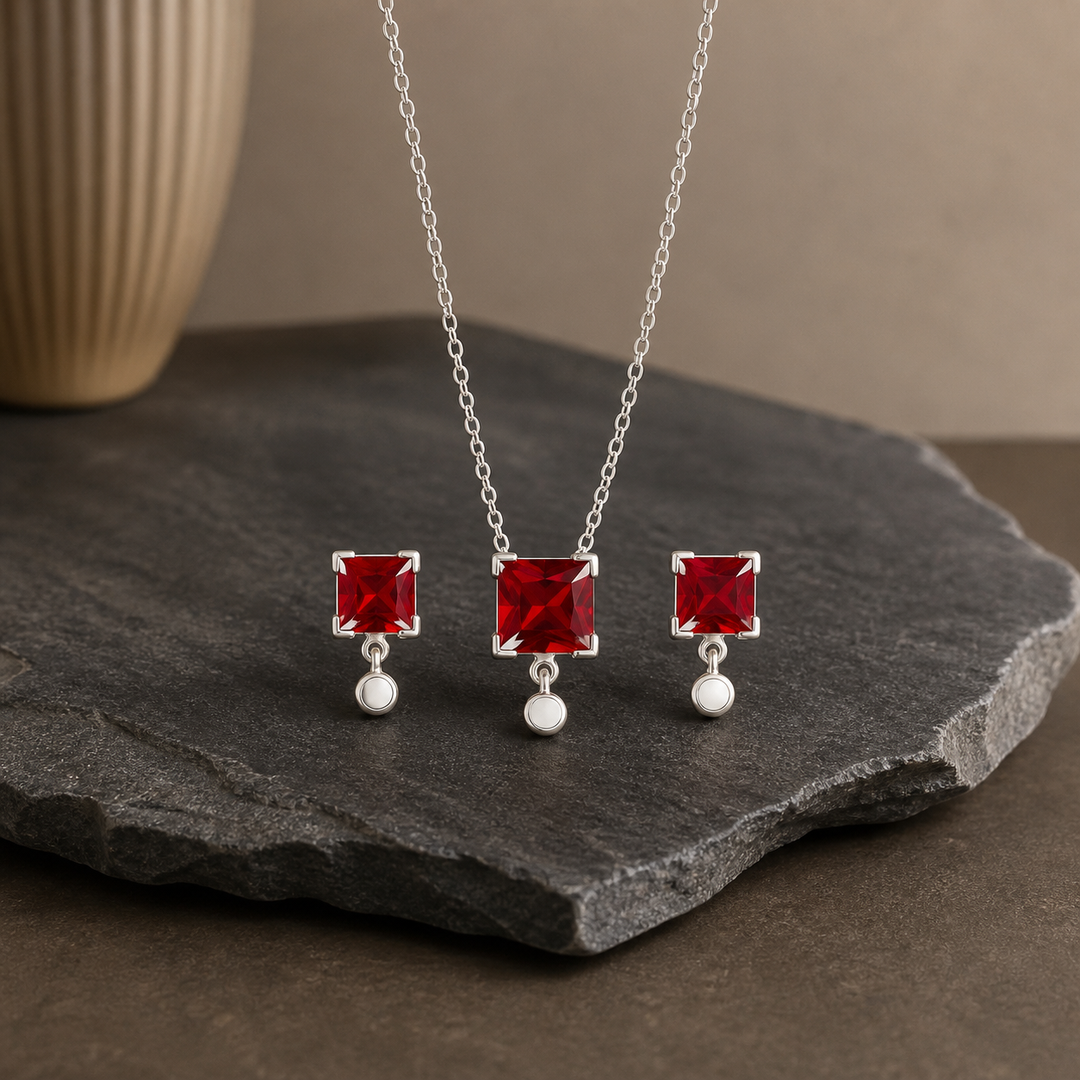 Red CZ Pendant Necklace & Earring Set - 925 Sterling Silver - primary product image - Tarashya Jewels