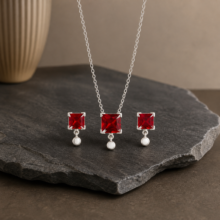 Red CZ Pendant Necklace & Earring Set - 925 Sterling Silver - primary product image - Tarashya Jewels