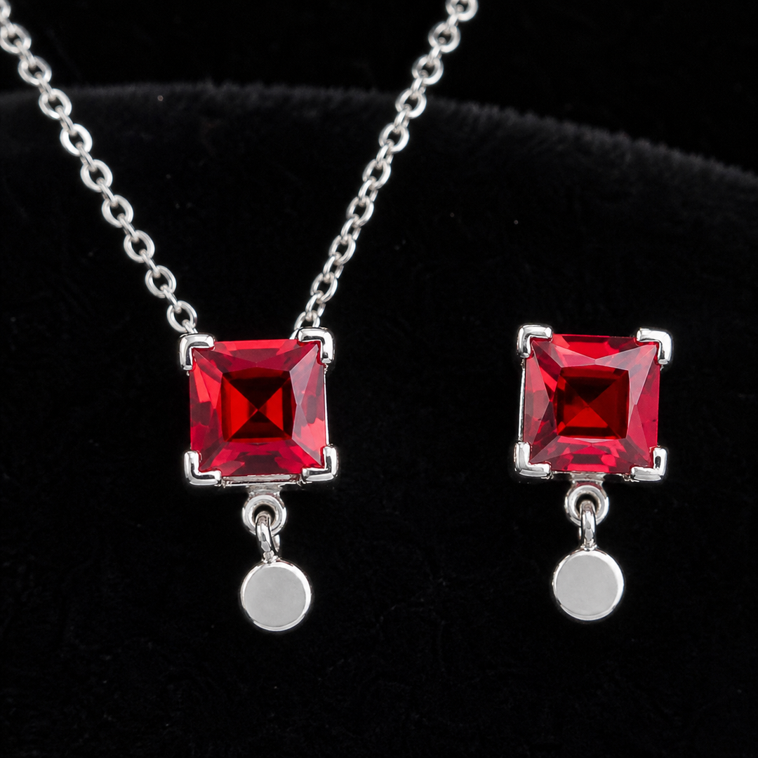 Red CZ Pendant Necklace & Earring Set - 925 Sterling Silver - close-up detail - Tarashya Jewels