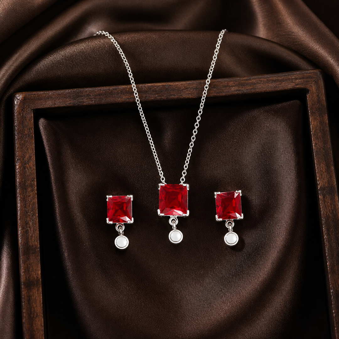 Red CZ Pendant Necklace & Earring Set - 925 Sterling Silver - flat lay - Tarashya Jewels