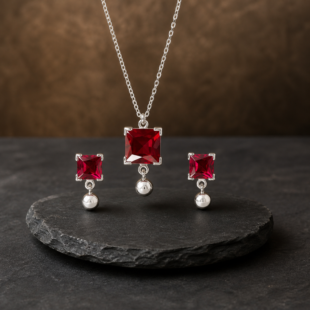 Red CZ Pendant Necklace & Earring Set - 925 Sterling Silver - angled product view - Tarashya Jewels