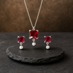 Red CZ Pendant Necklace & Earring Set - 925 Sterling Silver - angled product view - Tarashya Jewels