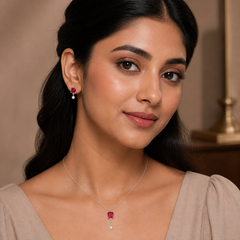 Red CZ Pendant Necklace & Earring Set - 925 Sterling Silver - on-model detail - Tarashya Jewels