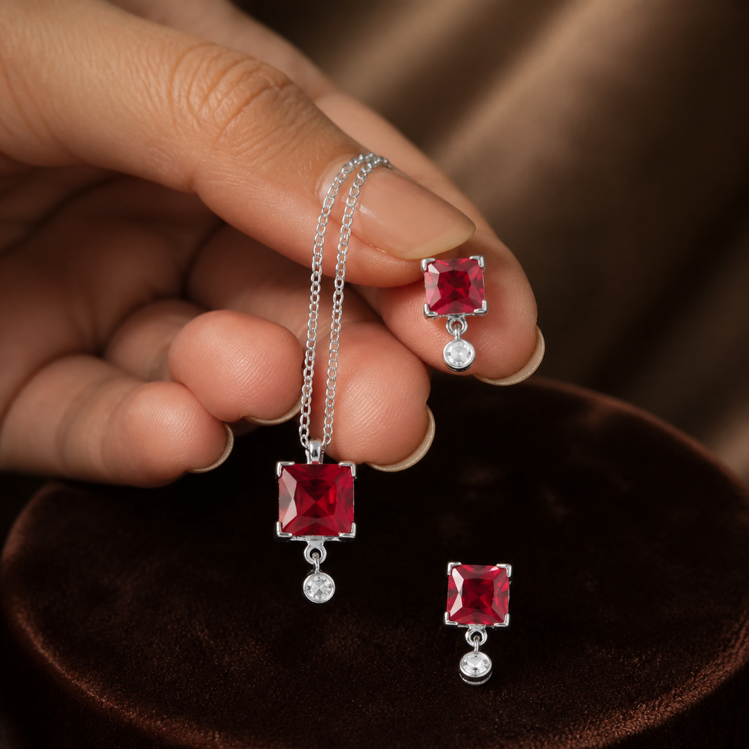 Red CZ Pendant Necklace & Earring Set - 925 Sterling Silver - hand-held scale view - Tarashya Jewels
