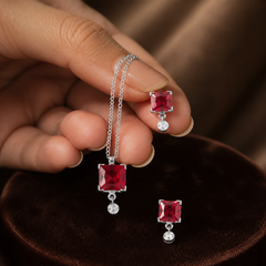 Red CZ Pendant Necklace & Earring Set - 925 Sterling Silver - hand-held scale view - Tarashya Jewels