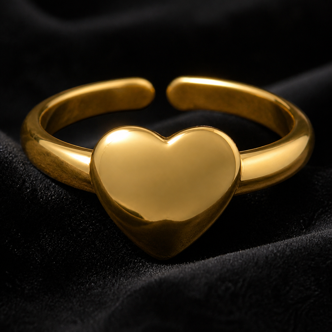 Gold-Plated Adjustable Heart Ring - Brass - close-up detail - Tarashya Jewels