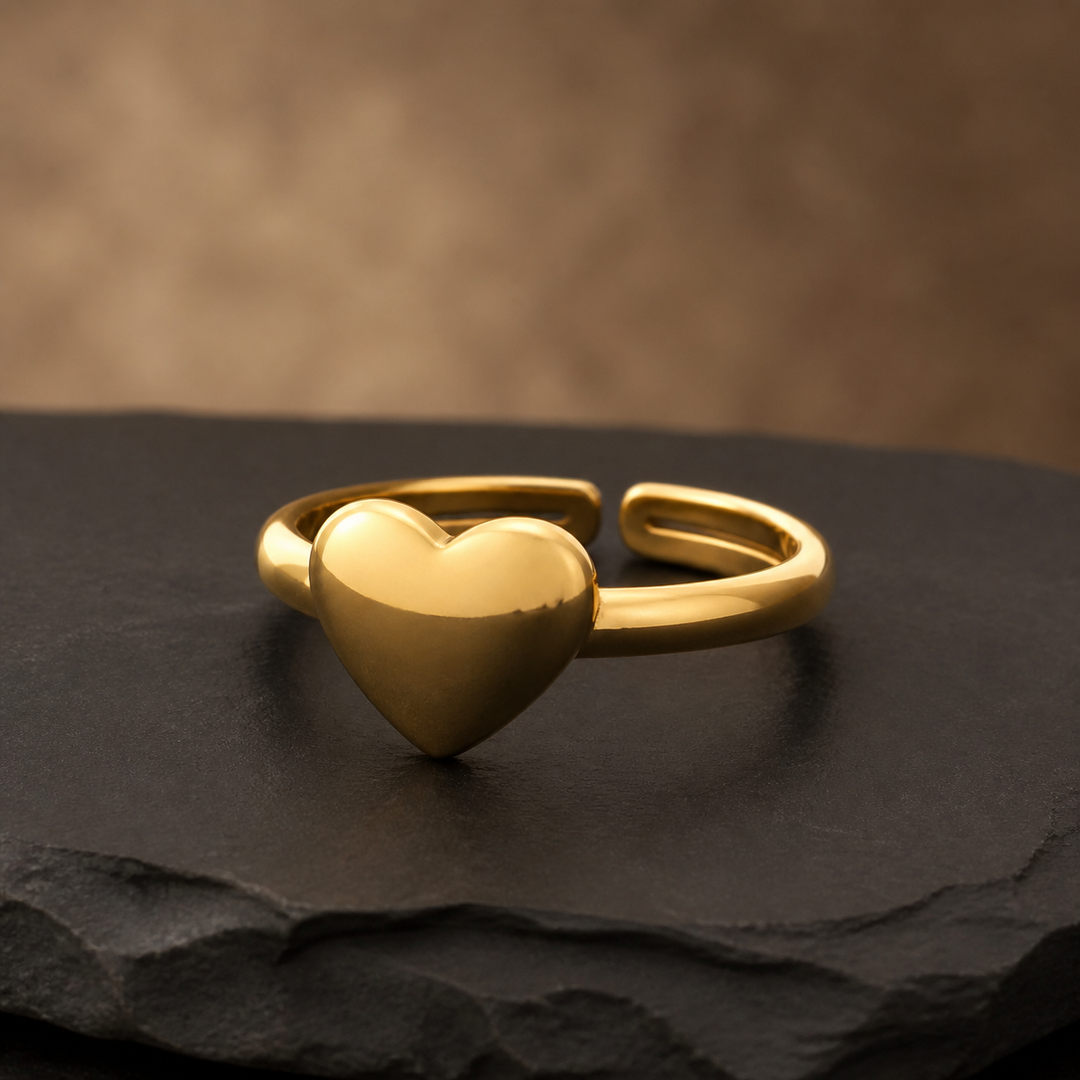Gold-Plated Adjustable Heart Ring - Brass - angled product view - Tarashya Jewels
