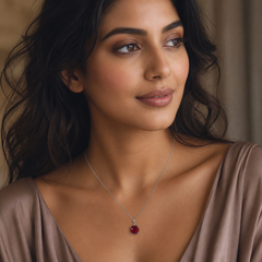 Red CZ Pendant Necklace - 925 Sterling Silver - on-model detail - Tarashya Jewels