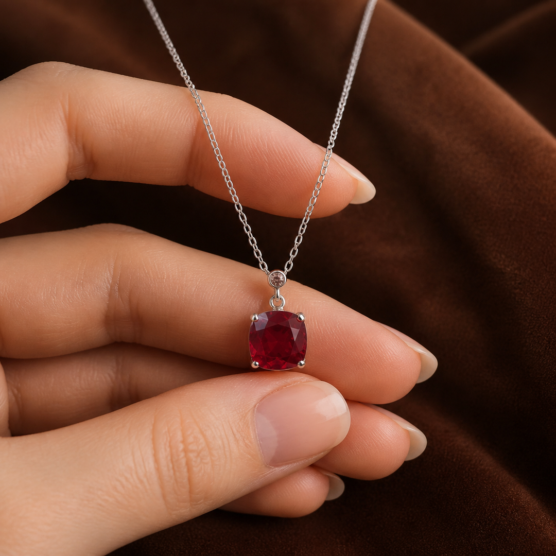 Red CZ Pendant Necklace - 925 Sterling Silver - hand-held scale view - Tarashya Jewels