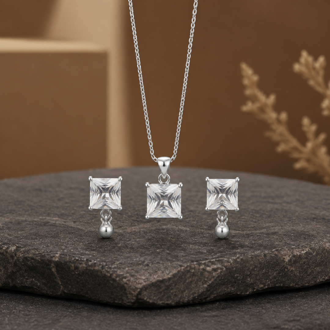 White CZ Pendant Necklace & Earring Set - 925 Sterling Silver - primary product image - Tarashya Jewels
