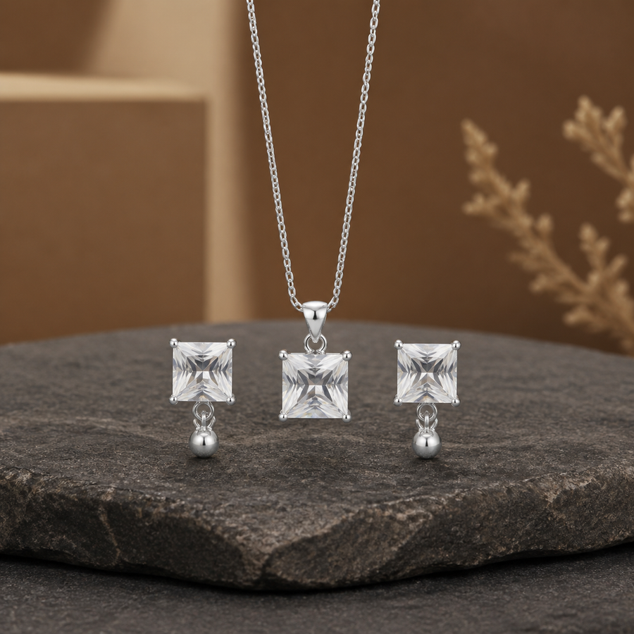 White CZ Pendant Necklace & Earring Set - 925 Sterling Silver - primary product image - Tarashya Jewels