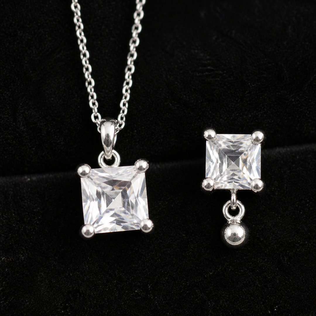 White CZ Pendant Necklace & Earring Set - 925 Sterling Silver - close-up detail - Tarashya Jewels
