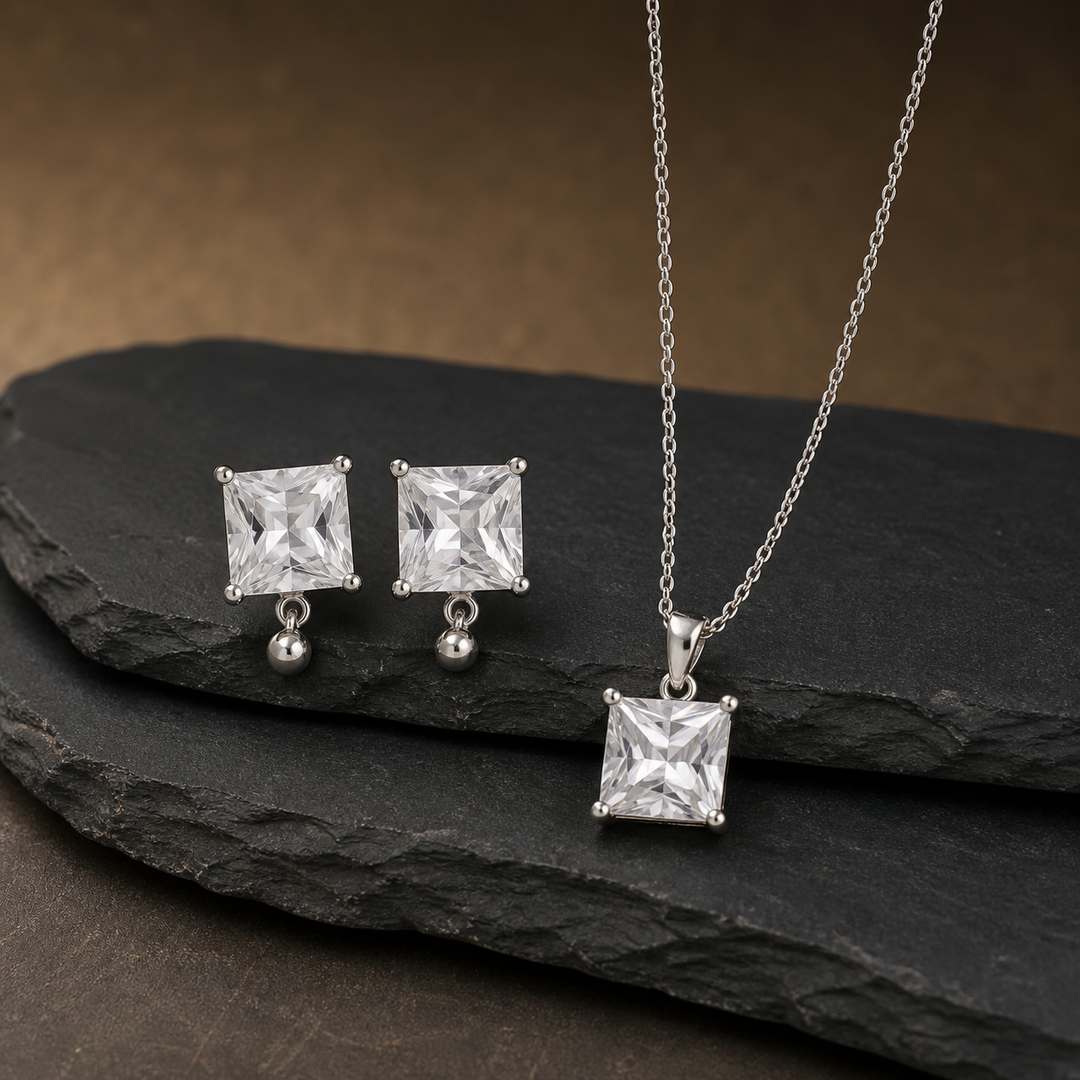 White CZ Pendant Necklace & Earring Set - 925 Sterling Silver - angled product view - Tarashya Jewels