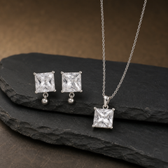 White CZ Pendant Necklace & Earring Set - 925 Sterling Silver - angled product view - Tarashya Jewels