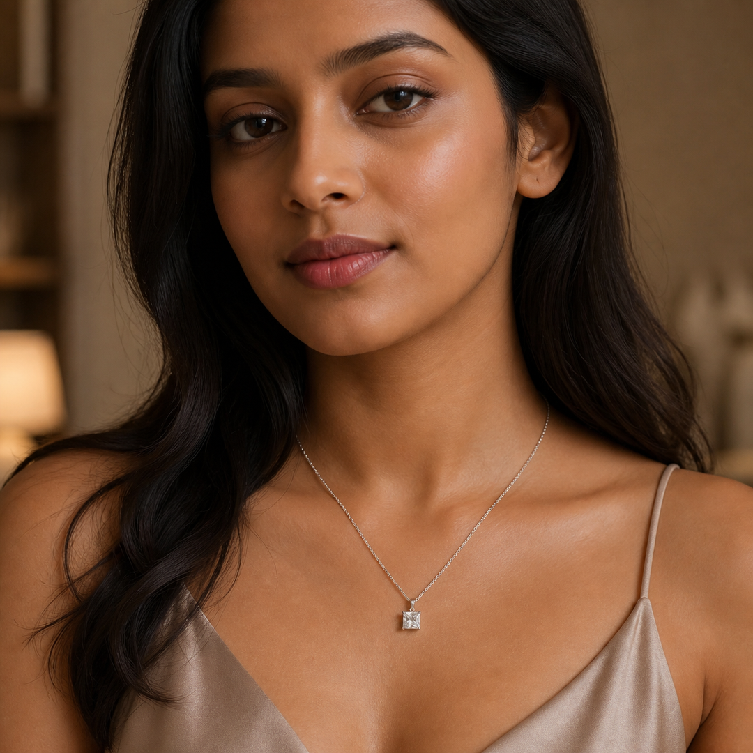White CZ Pendant Necklace - 925 Sterling Silver - angled product view - Tarashya Jewels