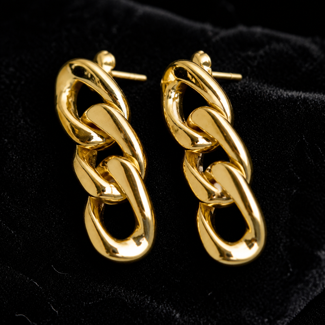 Cuban Chain Drop Earrings - Brass - close-up detail - Tarashya Jewels