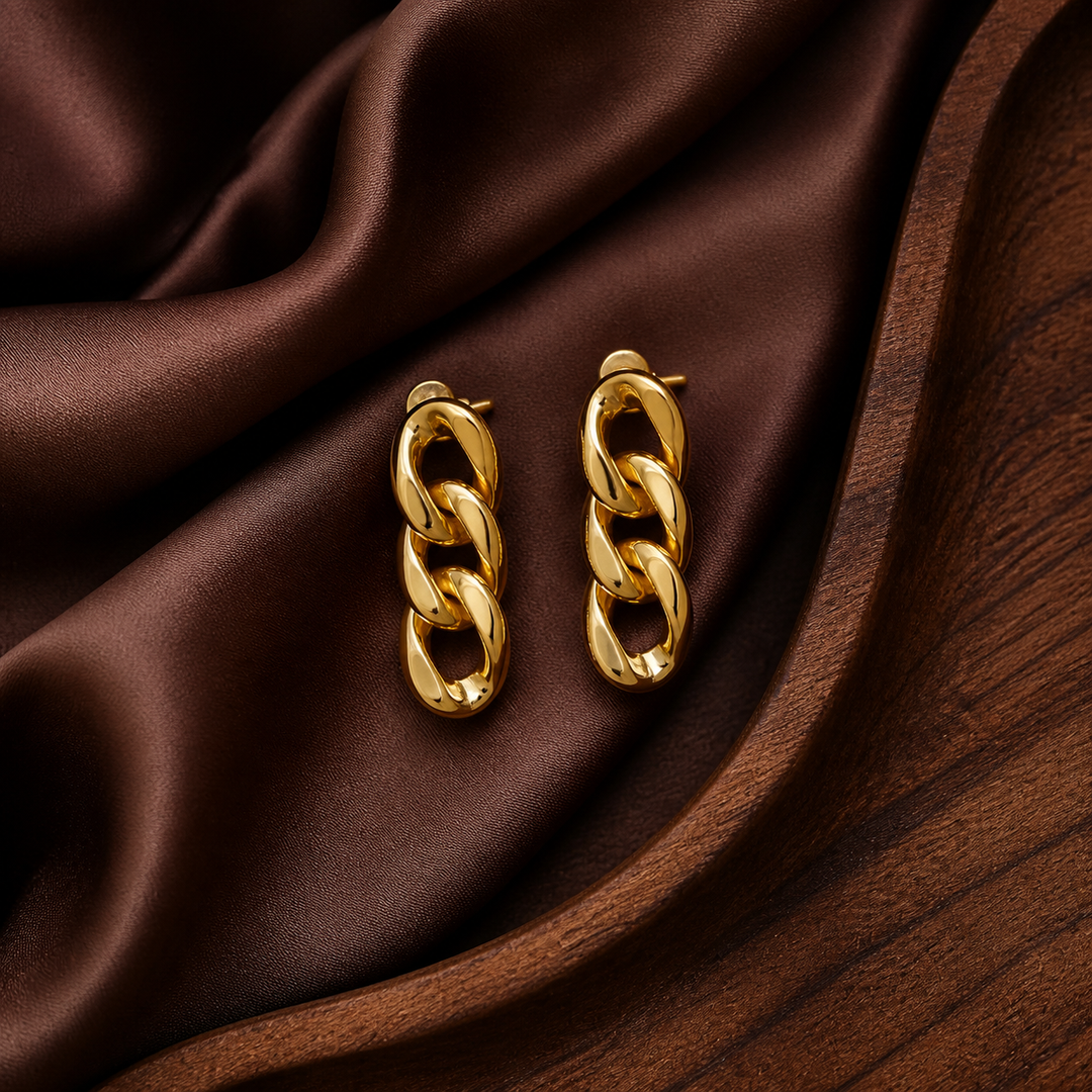 Cuban Chain Drop Earrings - Brass - flat lay - Tarashya Jewels