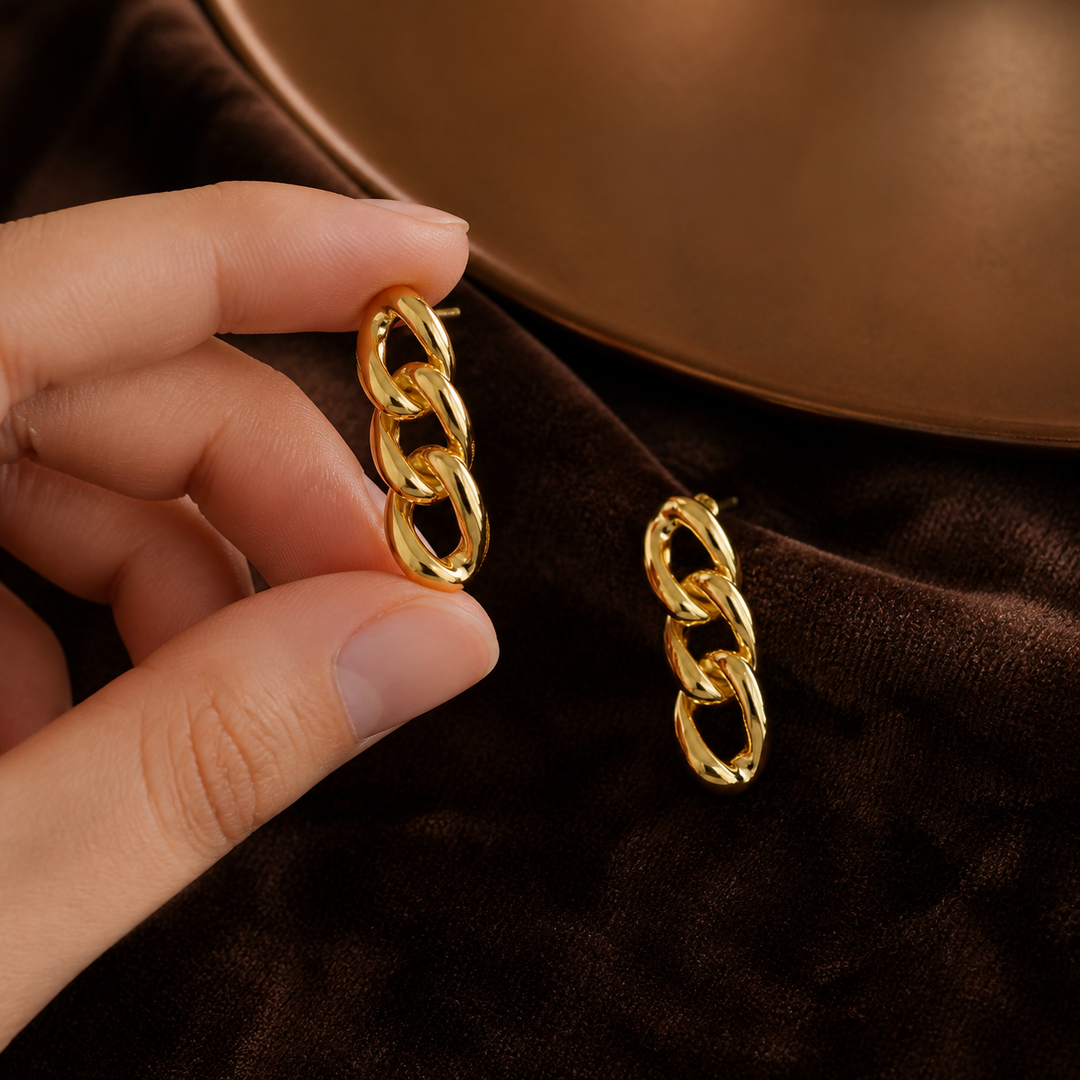 Cuban Chain Drop Earrings - Brass - hand-held scale view - Tarashya Jewels