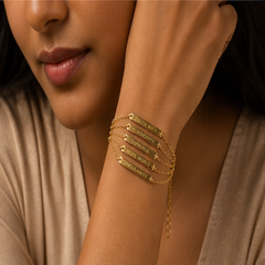 Custom Laser Bar Bracelet - 925 Sterling Silver - on-model detail - Tarashya Jewels