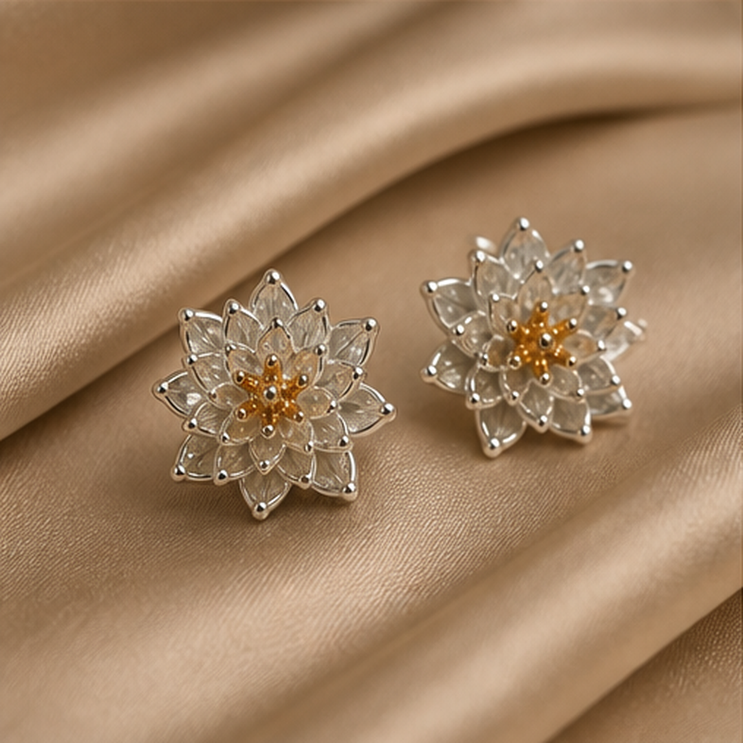Lotus Stud Earrings - 925 Sterling Silver - flat lay - Tarashya Jewels