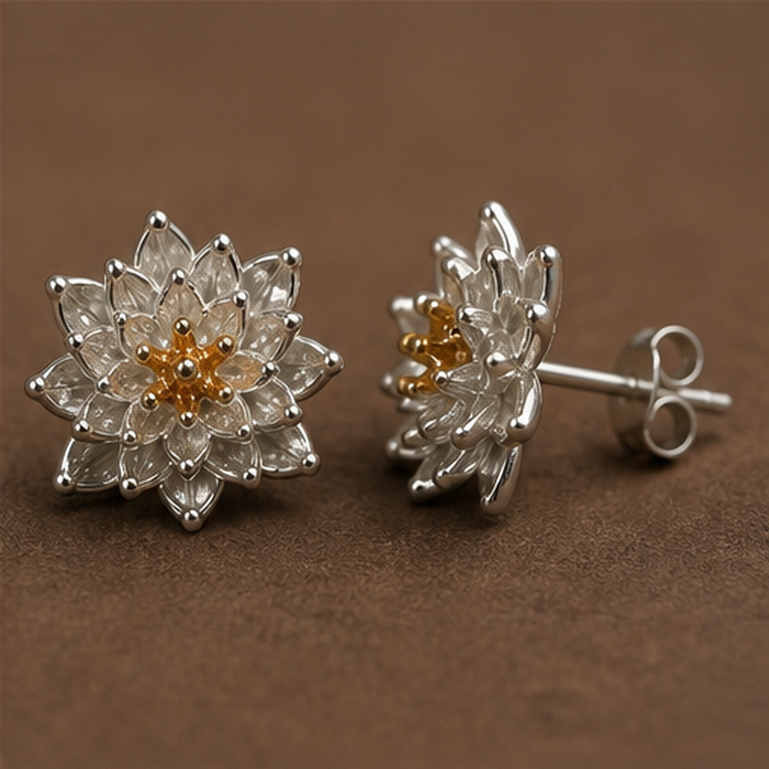 Lotus Stud Earrings - 925 Sterling Silver - angled product view - Tarashya Jewels