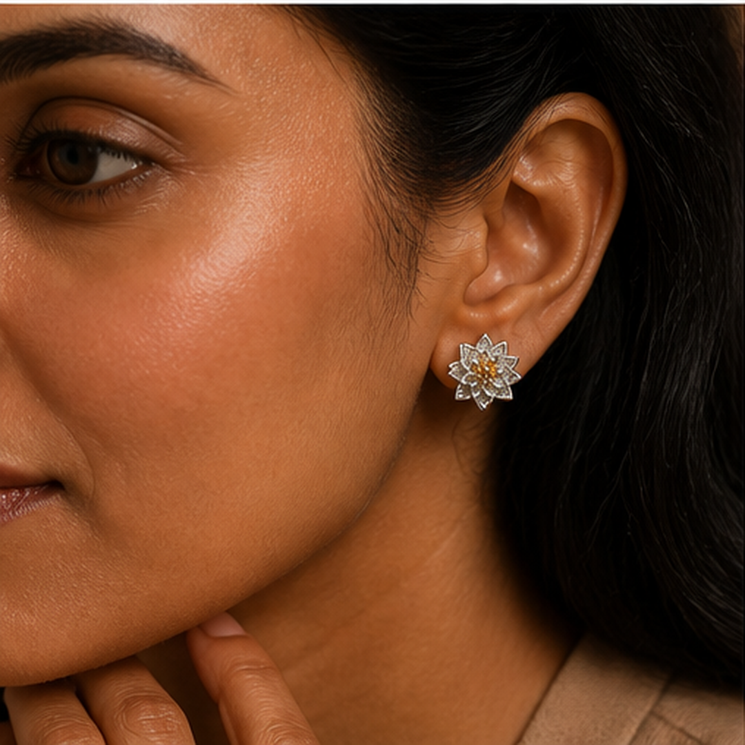 Lotus Stud Earrings - 925 Sterling Silver - on-model detail - Tarashya Jewels