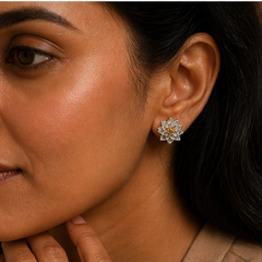 Lotus Stud Earrings - 925 Sterling Silver - on-model detail - Tarashya Jewels