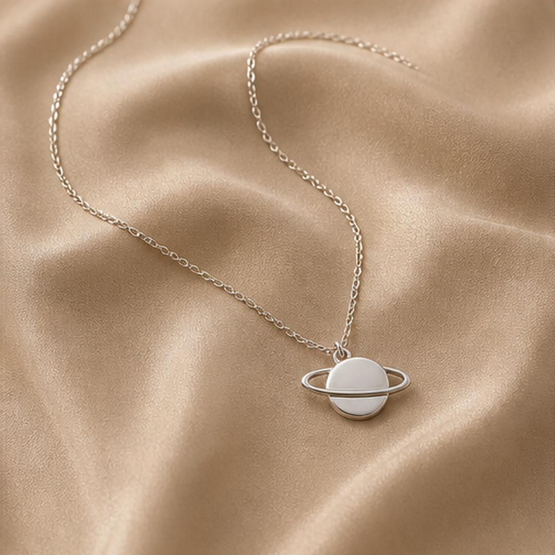 Saturn Dainty Necklace - 925 Sterling Silver - flat lay - Tarashya Jewels