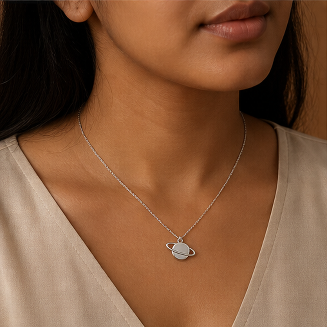 Saturn Dainty Necklace - 925 Sterling Silver - on-model detail - Tarashya Jewels