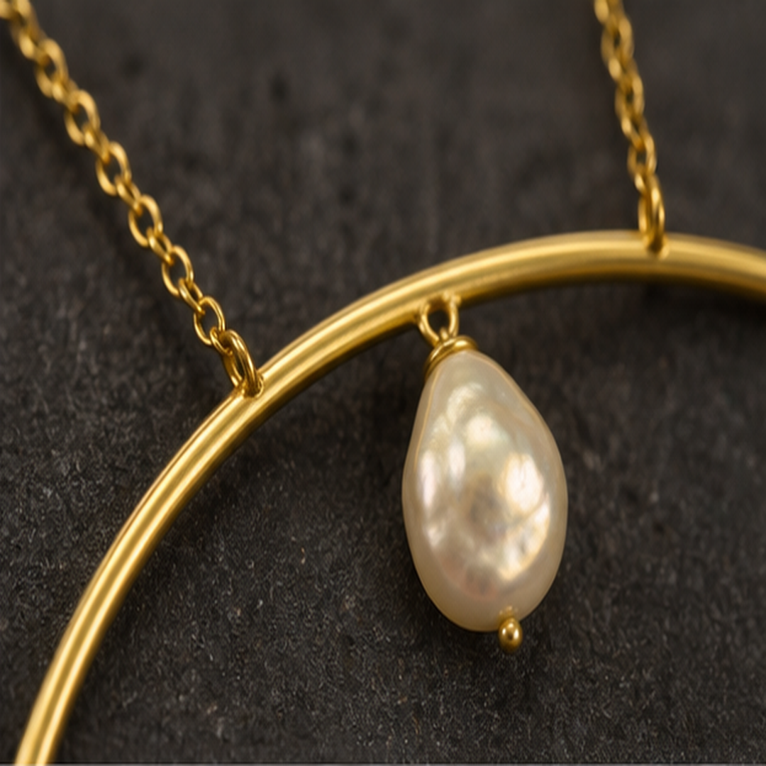 Arced Pearl Necklace - Brass - close-up detail - Tarashya Jewels