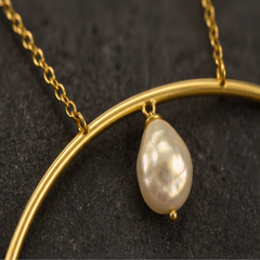 Arced Pearl Necklace - Brass - close-up detail - Tarashya Jewels