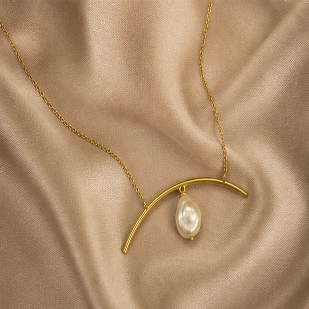 Arced Pearl Necklace - Brass - flat lay - Tarashya Jewels