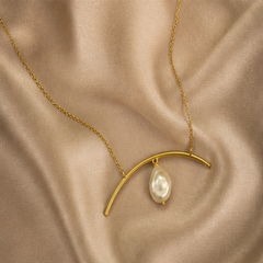 Arced Pearl Necklace - Brass - flat lay - Tarashya Jewels