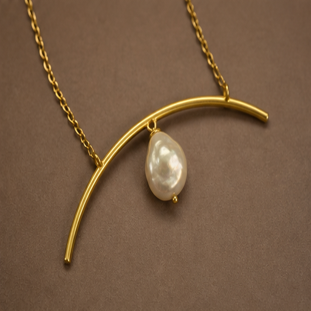 Arced Pearl Necklace - Brass - angled product view - Tarashya Jewels