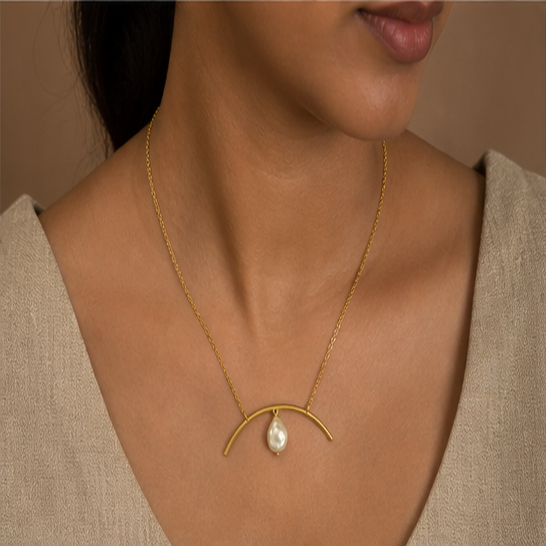 Arced Pearl Necklace - Brass - on-model detail - Tarashya Jewels