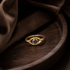 Gold-Plated Evil Eye Ring - Brass - flat lay - Tarashya Jewels