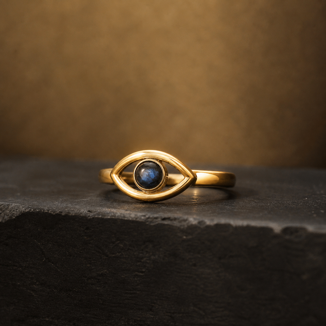 Gold-Plated Evil Eye Ring - Brass - angled product view - Tarashya Jewels