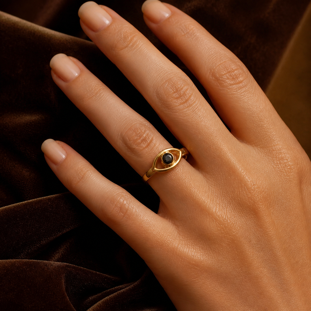 Gold-Plated Evil Eye Ring - Brass - hand-held scale view - Tarashya Jewels