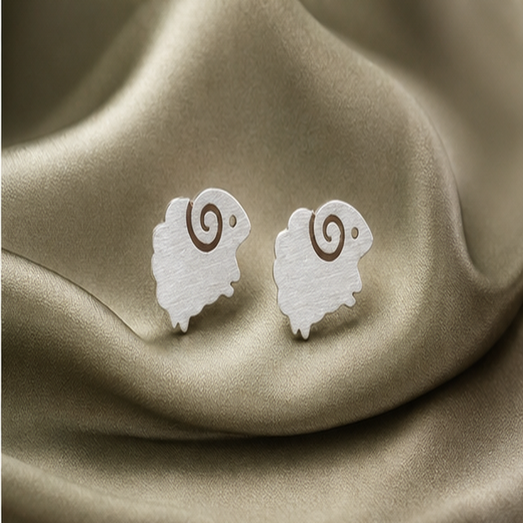 Sheep Stud Earrings - 925 Sterling Silver - flat lay - Tarashya Jewels