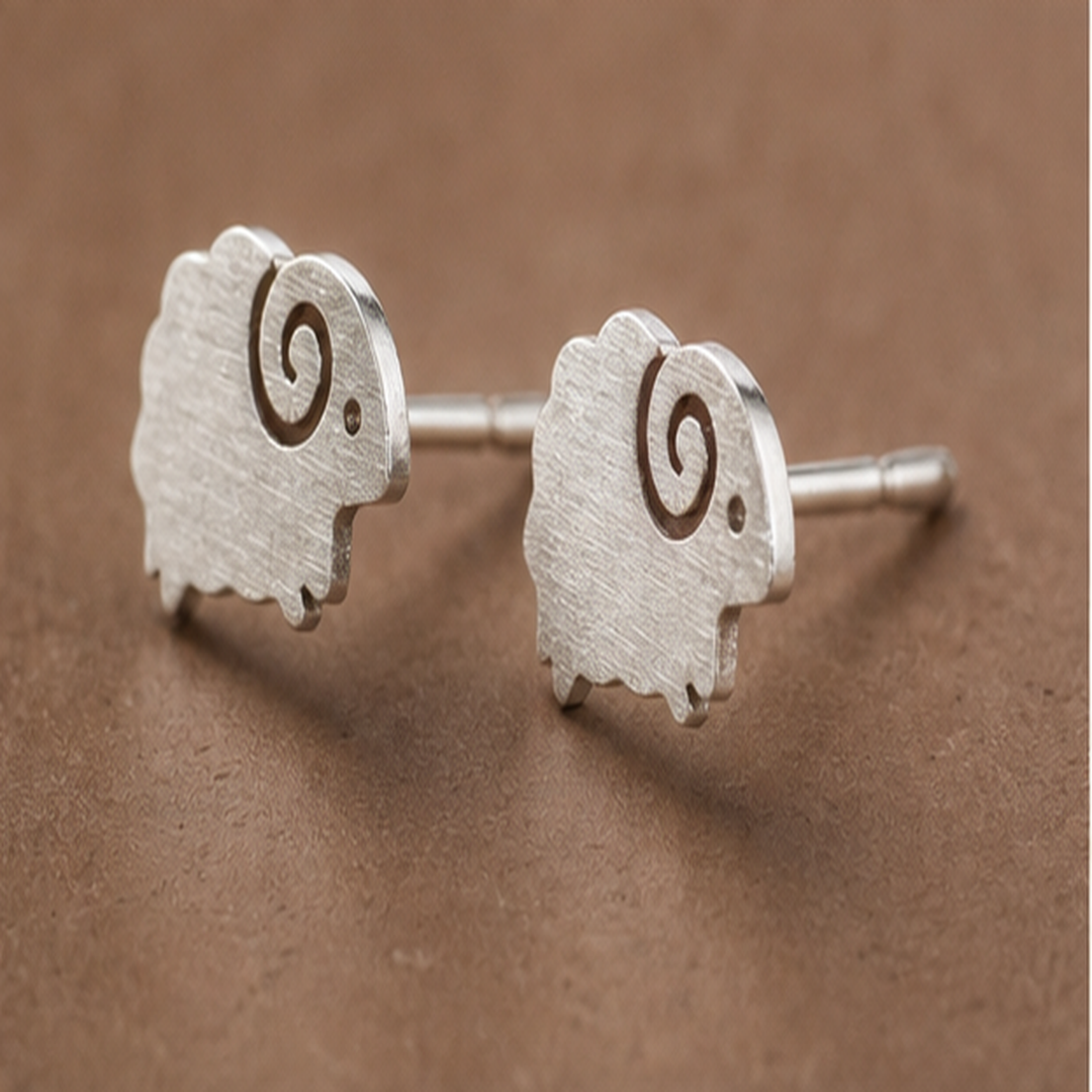Sheep Stud Earrings - 925 Sterling Silver - angled product view - Tarashya Jewels