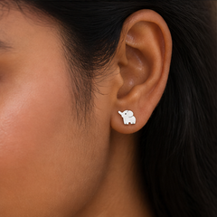 Elephant Stud Earrings - 925 Sterling Silver - on-model detail - Tarashya Jewels
