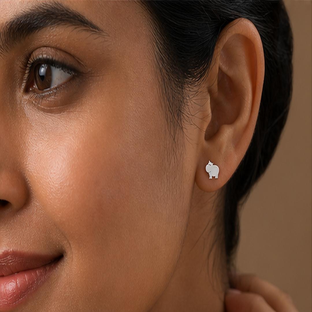 Hippo Stud Earrings - 925 Sterling Silver - on-model detail - Tarashya Jewels